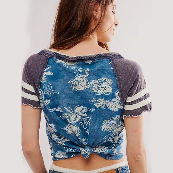 Free People Wish You Were Here Raglan Floral Tee in Blue Teal Women's XS - Picture 4 of 11